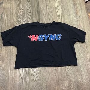 NSYNC Cropped Top Short Sleeve Crewneck Logo Print Pullover Cotton Black Size L